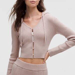 NWOT Micro Cable Merino Wool Hooded Cardigan in Heathered Mink Berry Multi